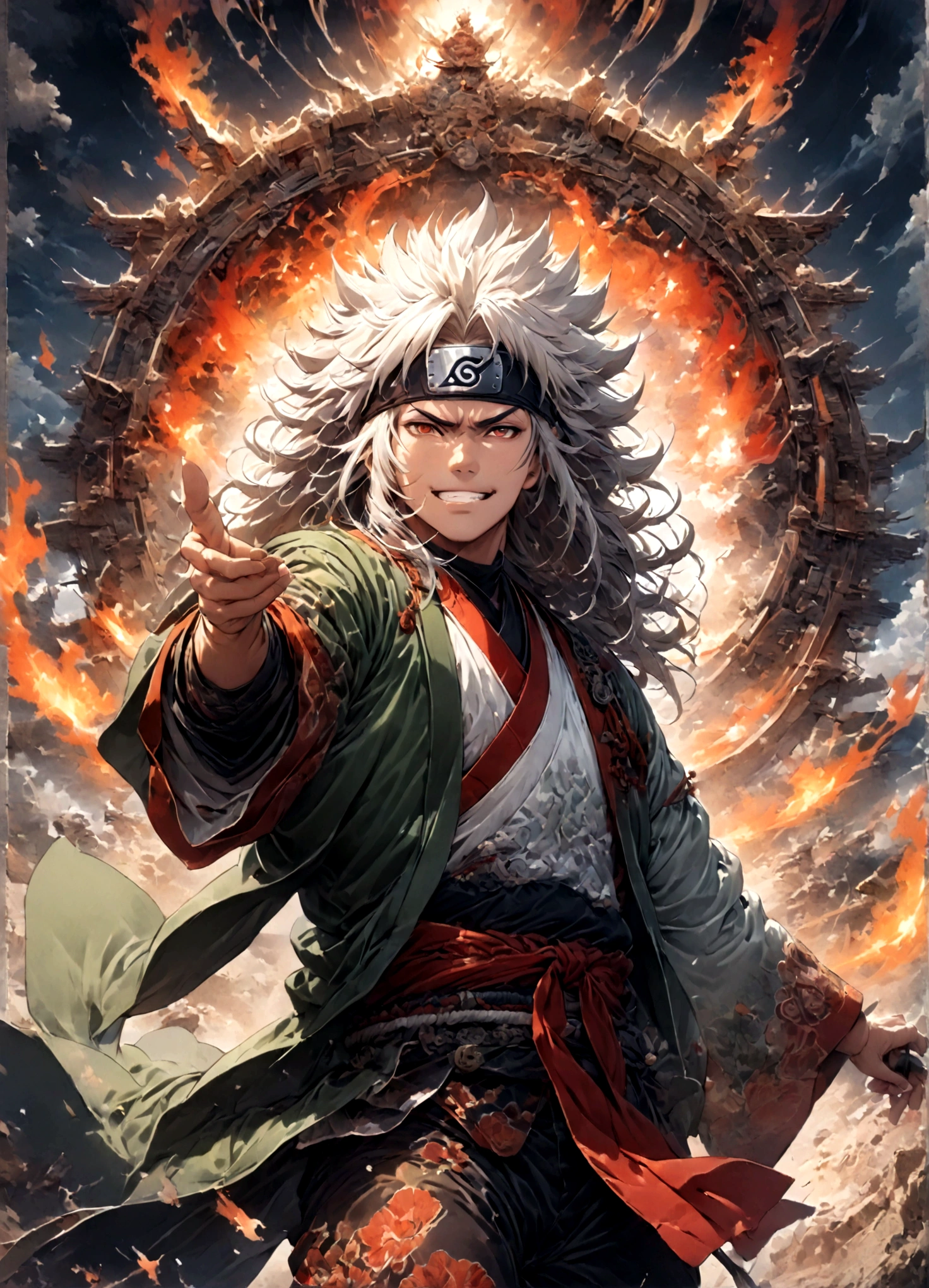 (1 middle-aged male,jiraiya,Green kimono,White Haori),solo,comics『NARUTO』Characters in,,Ninjutsuの使用,Battle Style,Cynical Smile,Ninjutsuのエフェクト,Enjoy the battle,Moderate dirt,,tattoo,Forehead protector,Digital Art,An illustration,Intricate details,Intricate details,Wide range of colors,artwork,rendering,,(highest quality:1.4),(Very detailed:1.5),High resolution,Very detailed,unity 8k wallpaper,Draw artistic background,,Five Elements,Ninjutsu,