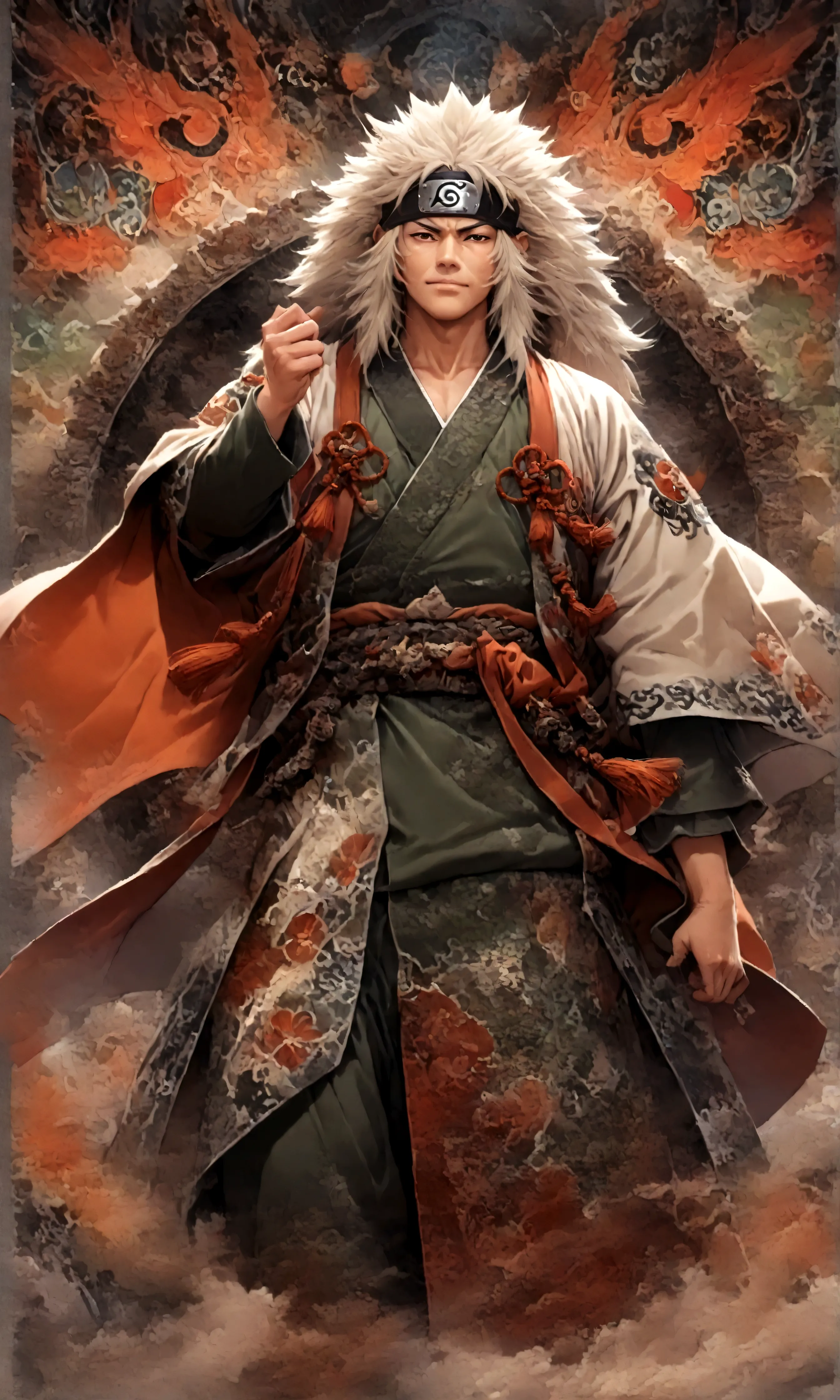 (1 middle-aged male,jiraiya,Green kimono,White Haori),solo,comics『NARUTO』Characters in,,Using Ninjutsu,Battle Style,Cynical Smil...