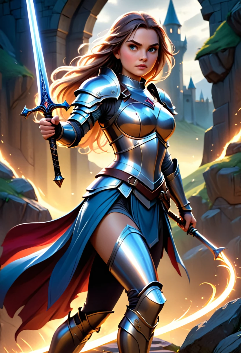 a female warrior, medieval fantasy knight, heavily armored, holding a sword, fierce expression, long flowing hair, intricate armor details, glowing magical energy, dramatic lighting, cinematic pose, epic landscape background, (best quality,4k,8k,highres,masterpiece:1.2),ultra-detailed,(realistic,photorealistic,photo-realistic:1.37),fantasy art, digital painting, dramatic colors, dramatic lighting