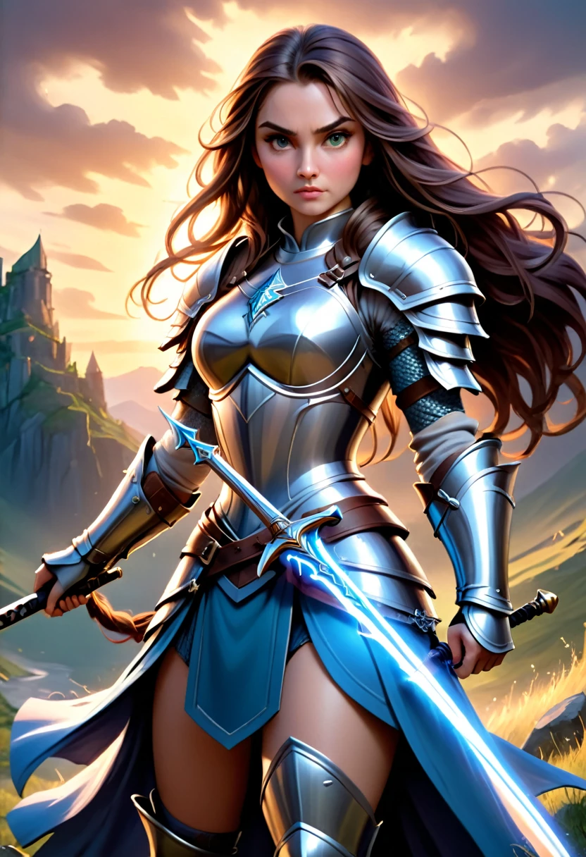 a female warrior, medieval fantasy knight, heavily armored, holding a sword, fierce expression, long flowing hair, intricate armor details, glowing magical energy, dramatic lighting, cinematic pose, epic landscape background, (best quality,4k,8k,highres,masterpiece:1.2),ultra-detailed,(realistic,photorealistic,photo-realistic:1.37),fantasy art, digital painting, dramatic colors, dramatic lighting