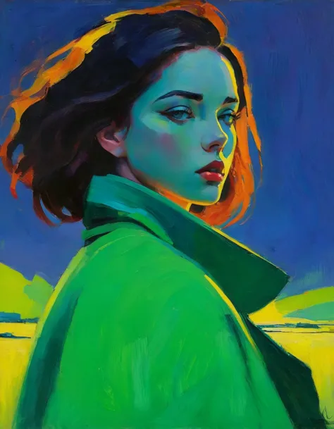 Create an evocative oil painting inspired by Malcolm Liepke, based on the provided image. Capture the intense, introspective exp...