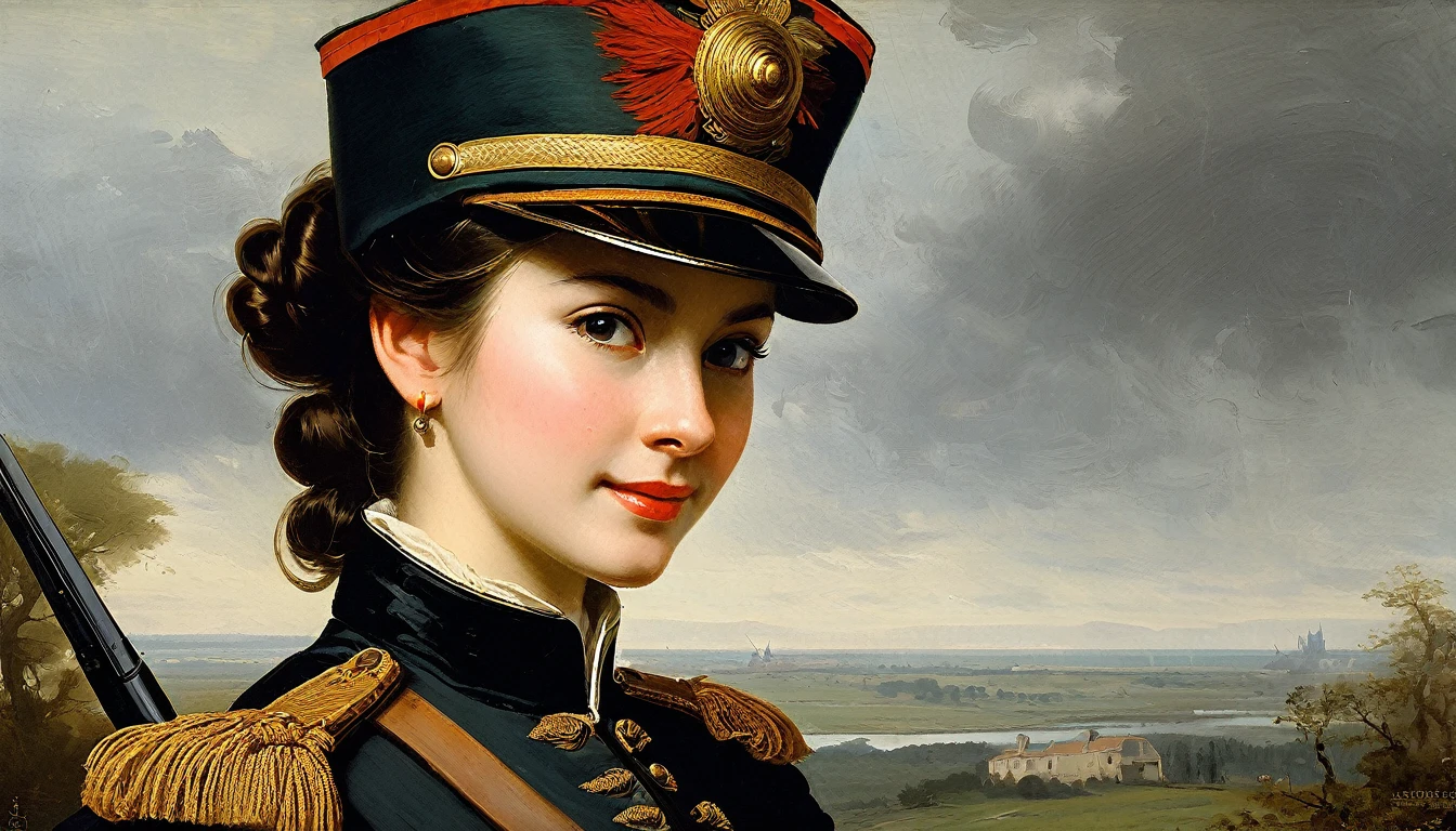 charming young pretty female warrior, brunette, smiling slightly mysteriously over her shoulder, averting her eyes, in a military artillery uniform, 18th century, cannon, redoubt, cannonballs, military battle (Adolphe Piot style)), dark Renaissance, (fog, very shabby gradient), ((palette/oil painting palette knife)), ((masterpiece)), single shot, image quality:1.2, maximum detail, perspective:1.67, 8k