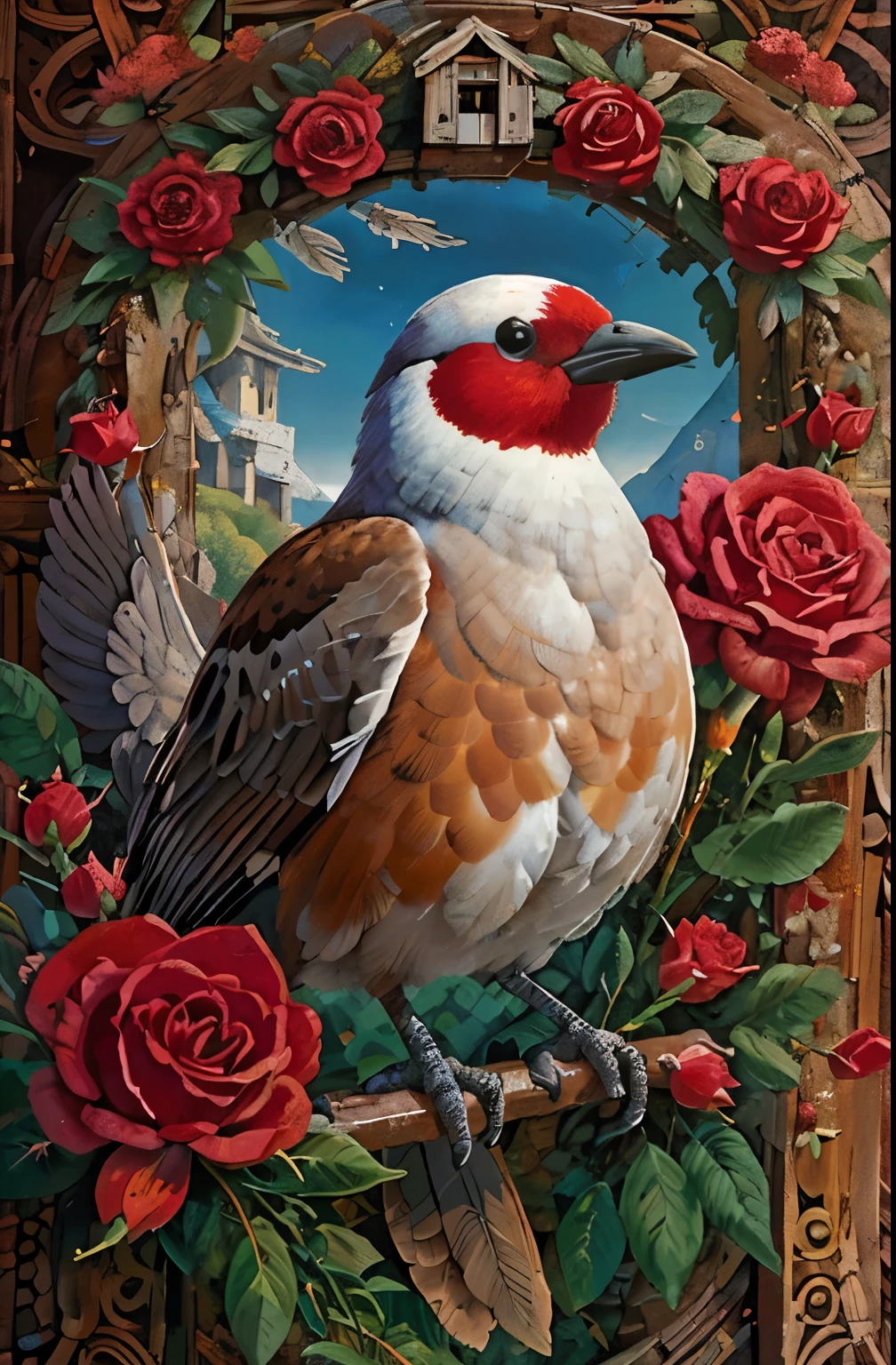 logo cardenal(pajaro) de pie sobre un craneo lleno de rosas, cartel de pelicula, anatomia perfecta, plumaje perfecto ,fantasy painting by greg rutkowski, a Cabin in a Temperate zone, 16k, obra maestra, ultrarealista, colores vividos