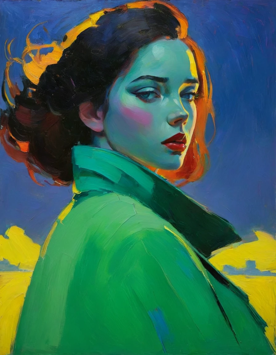 สร้างภาพวาดสีน้ำมันที่ชวนให้นึกถึงแรงบันดาลใจจาก Malcolm Liepke, ตามภาพที่ให้ไว้. จับภาพอันเข้มข้น, การแสดงออกอย่างครุ่นคิดของตัวแบบวัยเยาว์โดยใช้ความหนา, ฝีแปรงที่แสดงออกและจานสีที่ไม่ออกเสียง. เน้นความลึกทางอารมณ์และความเปราะบางในการจ้องมองของเป้าหมาย, เน้นการเล่นแสงและเงาบนใบหน้า. รักษาความเรียบง่าย, พื้นหลังที่มีพื้นผิวซึ่งเสริมการแสดงตนครุ่นคิดของวัตถุ. เน้นคุณภาพสัมผัสของสีน้ำมันเพื่อถ่ายทอดอารมณ์อันดิบและลักษณะความใกล้ชิดในสไตล์ของ Liepke.