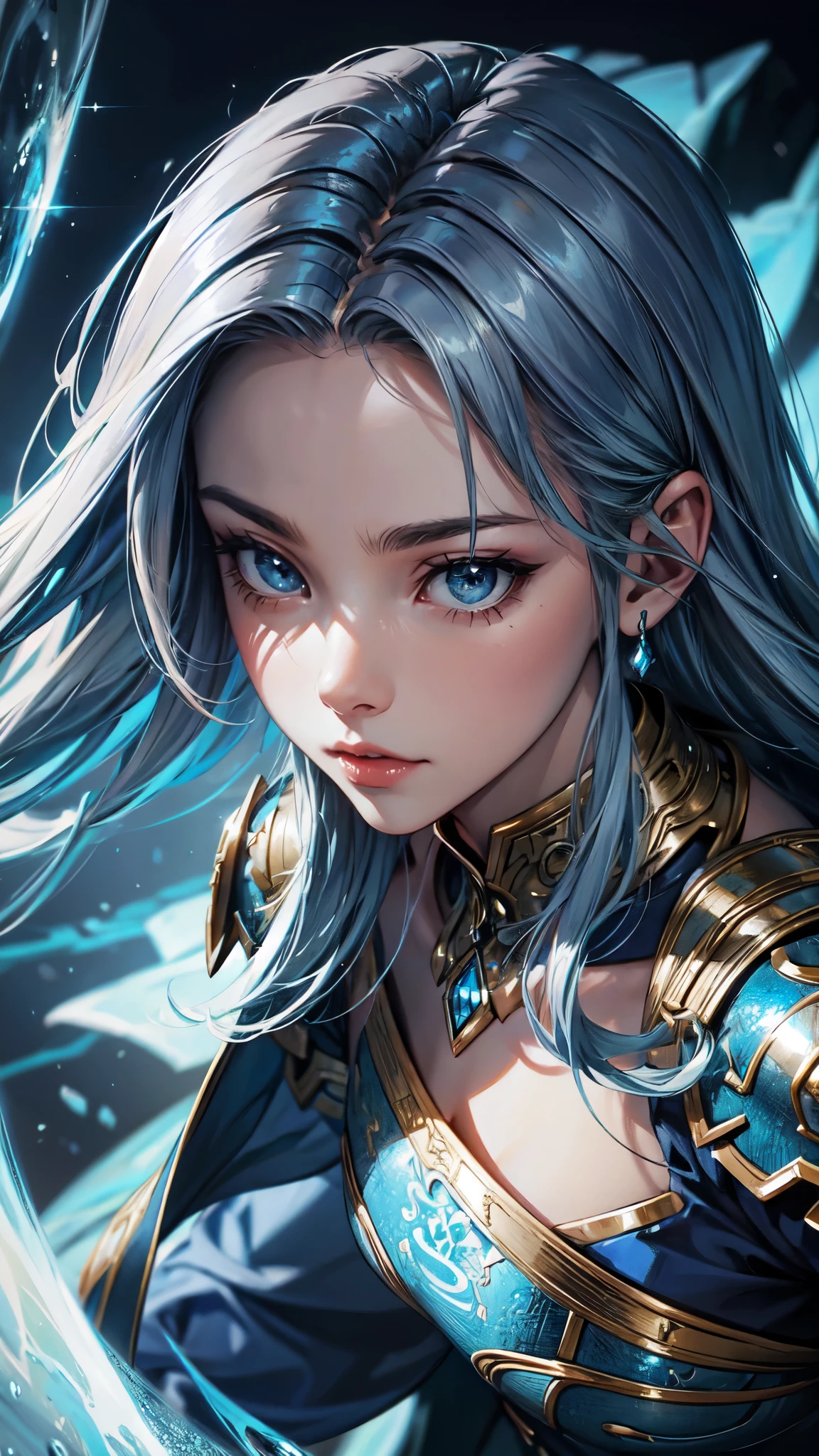 a close up of a woman in a silver and blue dress, chengwei pan on artstation, by Yang J, detailed fantasy art, stunning character art, fanart best artstation, epic exquisite character art, beautiful armor, extremely detailed artgerm, detailed digital anime art, artgerm on artstation pixiv, armor girl, detailed face, detailed eyes, detailed hands, lights, sparck, colors