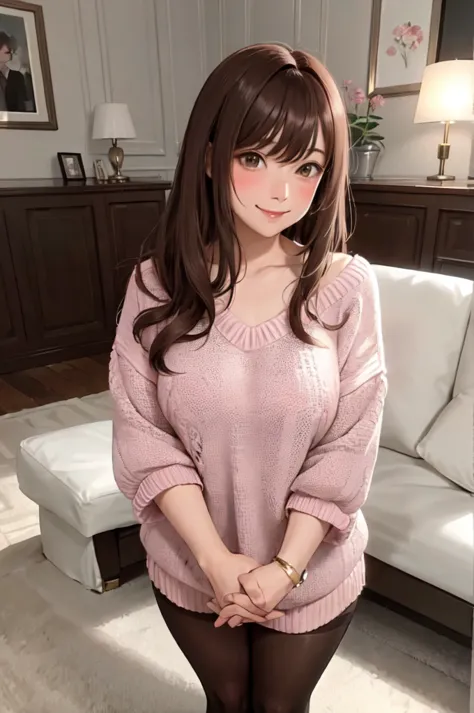 1lady standing, /(oversized sweater/) v-neck, mature female, /(brown hair/) bangs, blush kind smile, (masterpiece best quality:1...