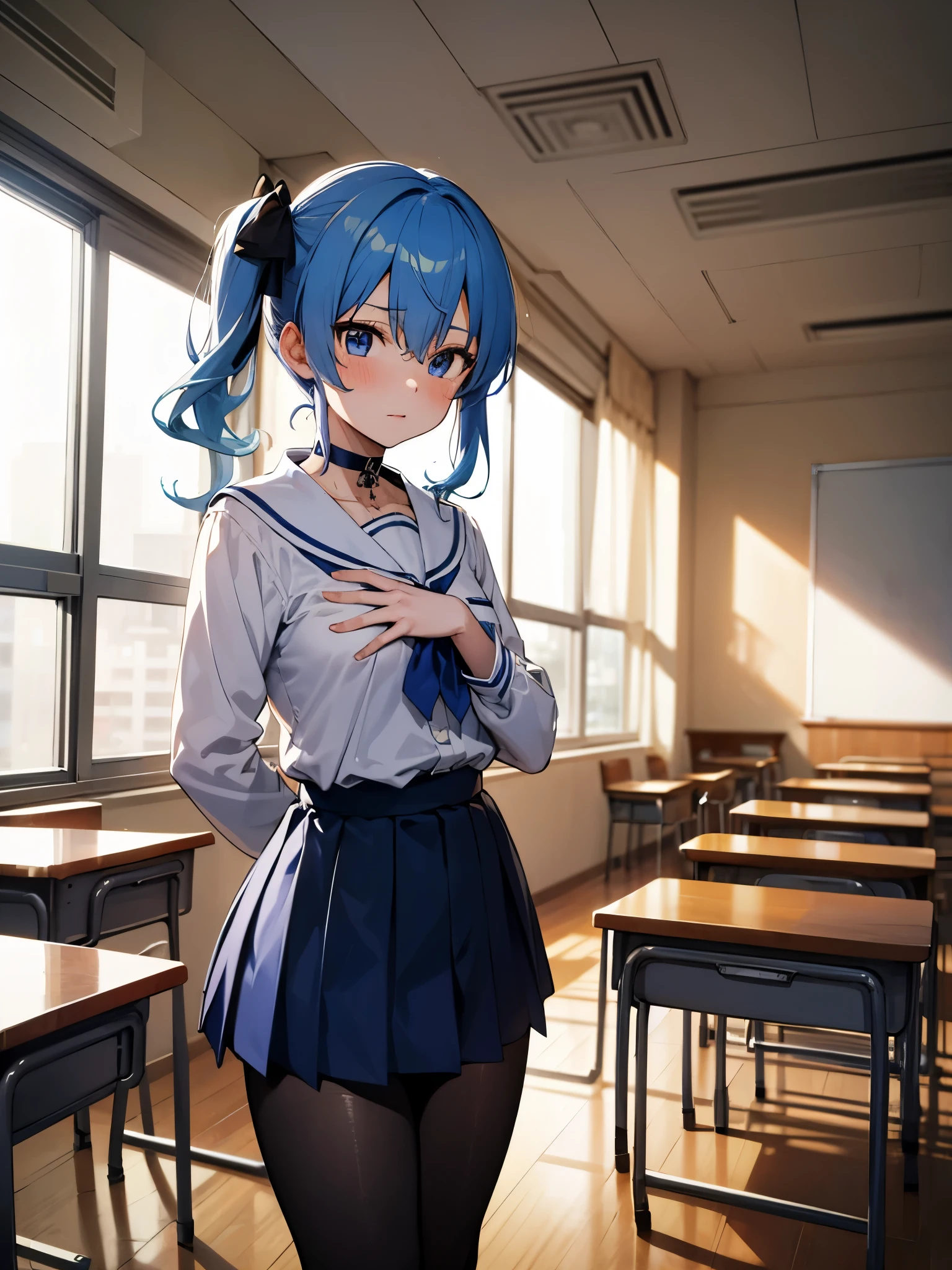 One girl,hoshimachi suisei,blue eyes,Blue Hair,choker,Hair between the eyes,Medium Hair,Side Ponytail,スターchoker,Small breasts,,Micro Mini Skirt,pantyhose,School,classroom,Narrow Alley,(Perfect hands),(Perfect Anatomy),(masterpiece),(highest quality)