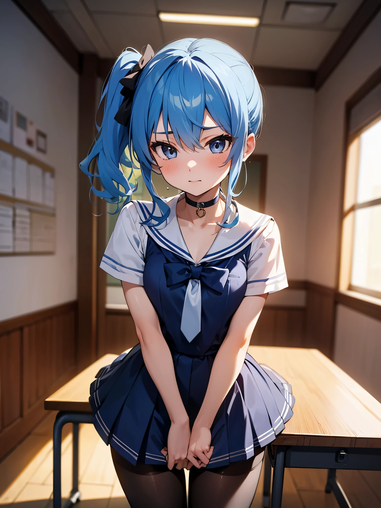 One girl,hoshimachi suisei,blue eyes,Blue Hair,choker,Hair between the eyes,Medium Hair,Side Ponytail,スターchoker,Small breasts,,Micro Mini Skirt,pantyhose,School,classroom,Narrow Alley,(Perfect hands),(Perfect Anatomy),(masterpiece),(highest quality)