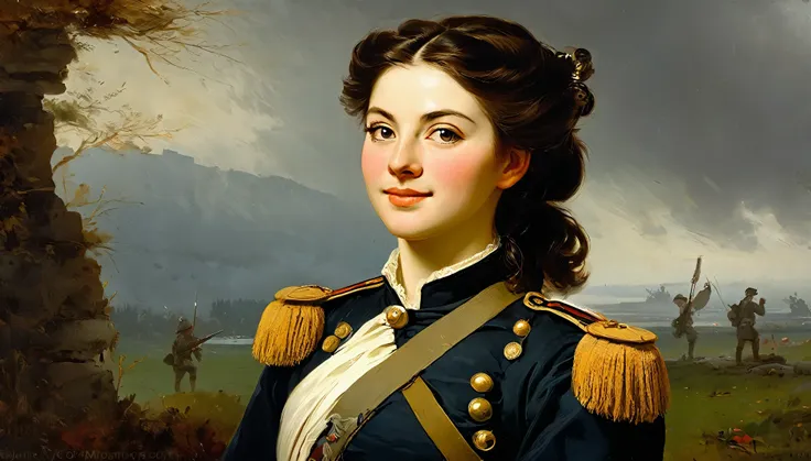 charming young pretty female warrior, brunette, smiling slightly mysteriously over her shoulder, averting her eyes, in a militar...