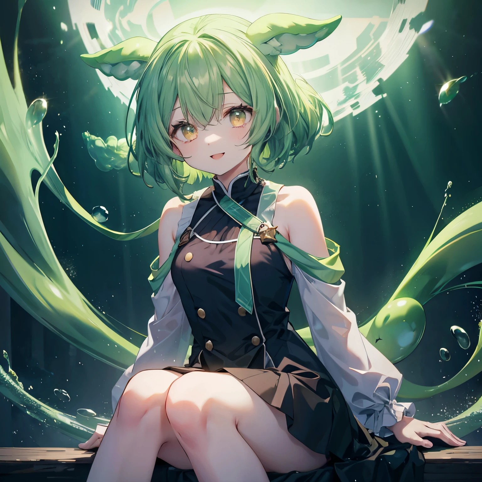 Dark green hair, eyes are yellow,Wavy Hair, Floating Hair, smile, Sitting, Open your mouth, Particles of light, Aqua Eye, Looking at the audience,
