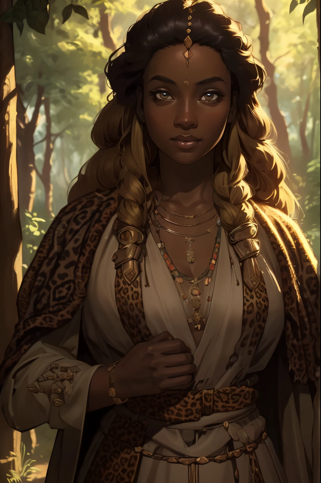 40yo, afro woman, dark-skinned, barbarian:1.1, medieval cloths ((revealing leopard cloths)), coat jacket, big chest, happy, walking, village, farm, forest, ((blond hair, long hair)), | (8k, RAW photo, best quality, masterpiece:1.2), ultra-detailed, (high detailed skin:1.2), 8k uhd, dslr, soft lighting, high quality, ((upper body)), (centered:1.2), ((LOOKING at the VIEWER)), asura, film grain, highly detailed shading, ((perfect_hands):1), Goodhands-beta2,