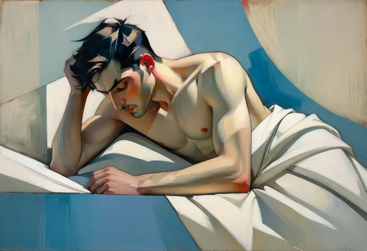 chiaroscuro technique on sensual illustration of an arafed man resting in white blanket, sexy masculine, model with attractive body, inspired by Ludovit Fulla, mid-shot of a hunky, the model draped in flowing, thick oil painting by Harumi Hironaka, extremely soft colors, vibrant, highly detailed, malcolm liepke painting, oil on canvas, high contrast, dramatic, refined, tonal, Create high contrast between light and shadow by Leon Polk Smith, memphis abstract minimal art, graphic shapes, minimal art, blue and red, minimal art style, bauhaus art, inspired by El Lissitzky, bold simple shapes, shadow