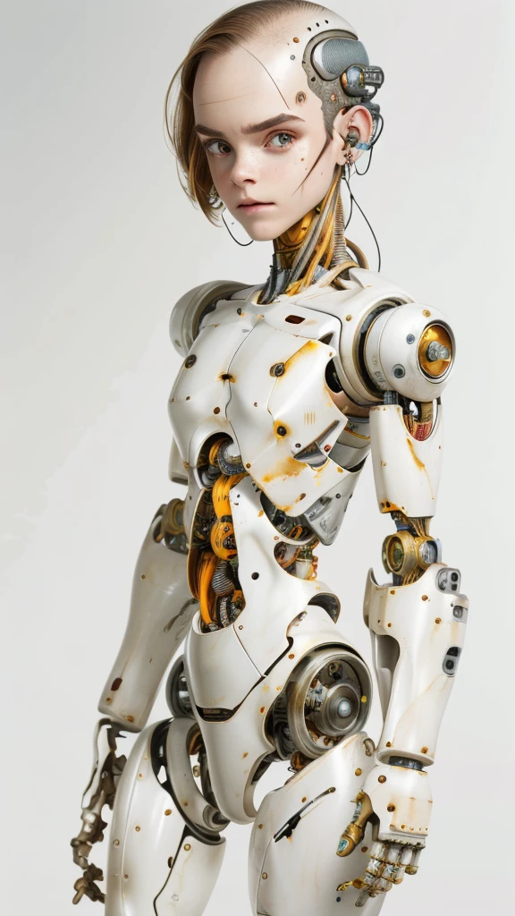 A bald cyborg, Emma Watson, with loose wires, metallic skin,  cybernic eyes, hoses, exposed torso, androidperson, mark brooks, david mann, robot brain, made of steel, hyperrealism, post-apocalyptic, mechanical parts, joints, mecha, j_sci-fi