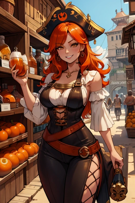 A orange haired fox woman with copper eyes and an hourglass figure and orange fox ears and an orange foxy tail in a pirate outfit is shopping in the market at a pirate city with a big smile