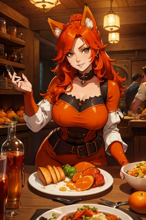 A orange haired fox woman with copper eyes and an hourglass figure and orange fox ears and an orange foxy tail in a pirate outfit is eating dinner at tavern