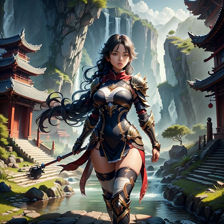 SFW, 1girl, solo focus, pov, very wide shot, landscape, east asian architecture, sunlight, sunrise, floating, cloud, sky, rain, water, full body, outdoors, scenery, depth of field (1 girl standing) an athletic brown skin dark monk lady long black hair in a braid, wearing an intricated elaborated futuristic dark blue armor golden ornaments, white bandages in hands and legs, holding a red stick, temple mountains background