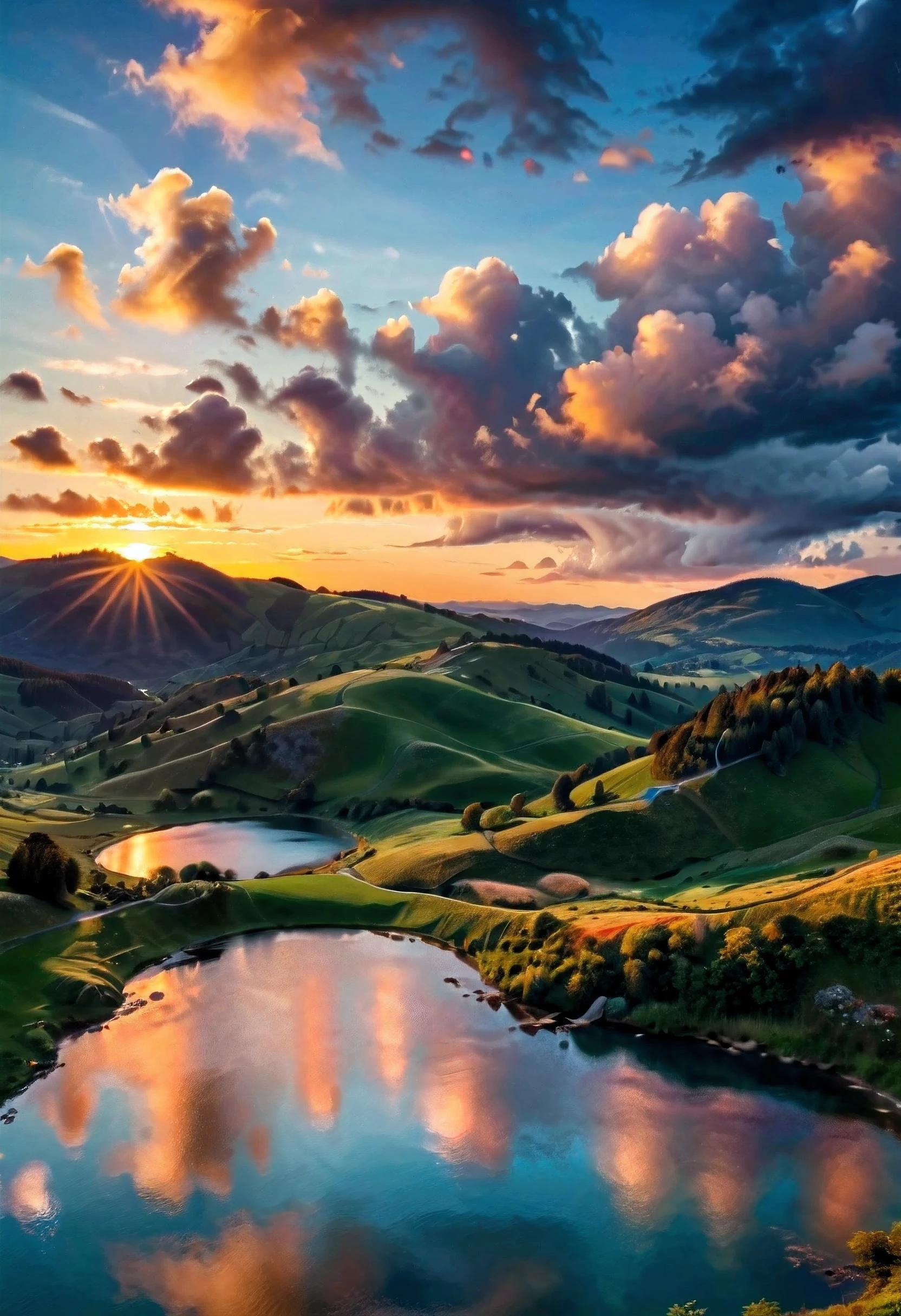 a beautiful detailed Landschaft, lebendiger Sonnenuntergangshimmel, Hügellandschaft, ruhiger See im Vordergrund, unglaubliche Beleuchtung, atemberaubende Landschaft, dramatische Wolken, Atemberaubende Farben, idyllische Atmosphäre, malerische Natur, sehr detailliert, (beste Qualität,4k,8k,highres,Meisterwerk:1.2),ultra-detailliert,(realistisch,photorealistisch,photo-realistisch:1.37),Landschaft,Dramatische Beleuchtung,leuchtender Sonnenuntergang,lebendige Farben,Filmkomposition