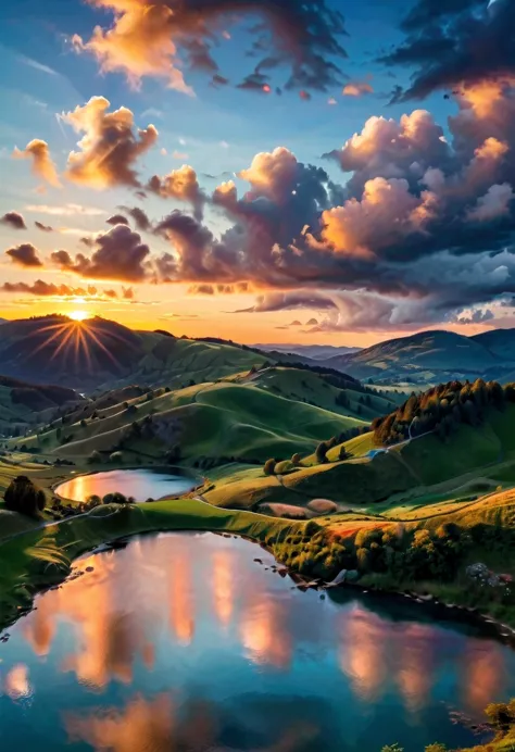 a beautiful detailed landscape, vibrant sunset sky, rolling hills, serene lake in foreground, incredible lighting, breathtaking ...