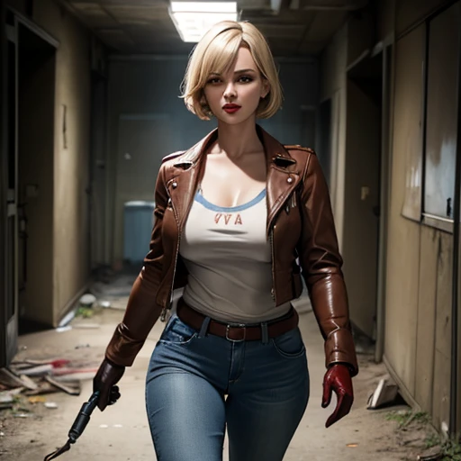 Beautiful detective woman blonde short hair bangs brown eyes red lips firm body perfect breasts t-shirt brown leather jacket blue jeans brown gloves walking in abandoned prison holding flashlight in her hand 