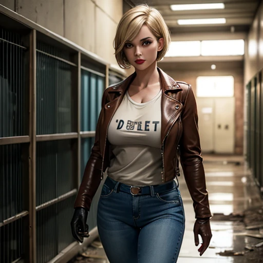 Hermosa mujer detective rubia de cabello corto con flequillo, ojos marrones, labios rojos, cuerpo firme, pechos perfectos, camiseta, chaqueta de cuero marrón, pantalones vaqueros azules, guantes marrones, caminando por una prisión abandonada con una linterna en la mano. 