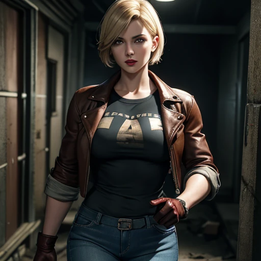 Linda mulher detetive loira cabelo curto franja olhos castanhos lábios vermelhos corpo firme seios perfeitos camiseta jaqueta de couro marrom jeans azul luvas marrons andando em uma prisão abandonada segurando uma lanterna na mão estilo resident evil 4