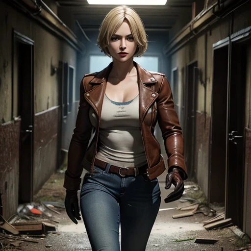 Beautiful detective woman blonde short hair bangs brown eyes red lips firm body perfect breasts t-shirt brown leather jacket blue jeans brown gloves walking in abandoned prison holding flashlight in her hand style resident evil 4