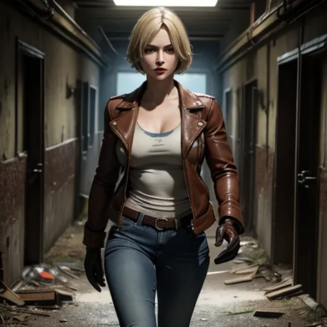 Beautiful detective woman blonde short hair bangs brown eyes red lips firm body perfect breasts t-shirt brown leather jacket blu...