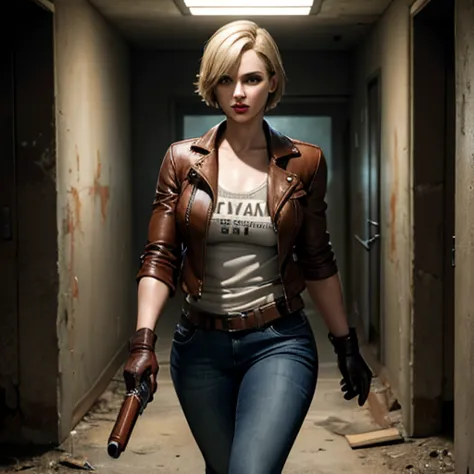Beautiful detective woman blonde short hair bangs brown eyes red lips firm body perfect breasts t-shirt brown leather jacket blu...