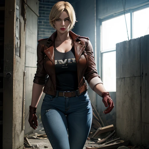 Belle femme détective blonde cheveux courts frange yeux marron lèvres rouges corps ferme seins parfaits t-shirt veste en cuir marron jeans bleus gants marron marchant dans une prison abandonnée tenant une lampe de poche dans son style dessiné à la main Resident Evil 4