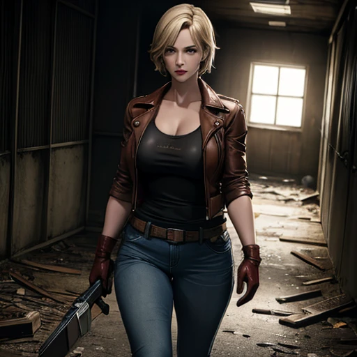 Belle femme détective blonde cheveux courts frange yeux marron lèvres rouges corps ferme seins parfaits t-shirt veste en cuir marron jeans bleus gants marron marchant dans une prison abandonnée tenant une lampe de poche dans son style dessiné à la main Resident Evil 4