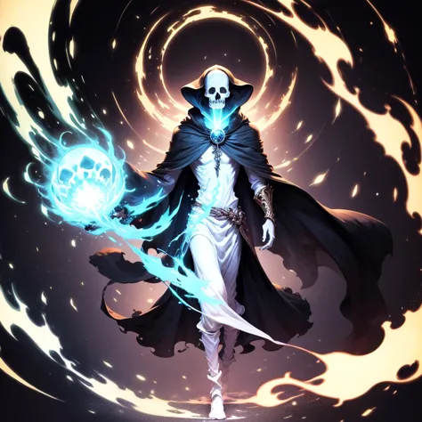 a pale man black hair tall and thin wizard, skull spirit invoker