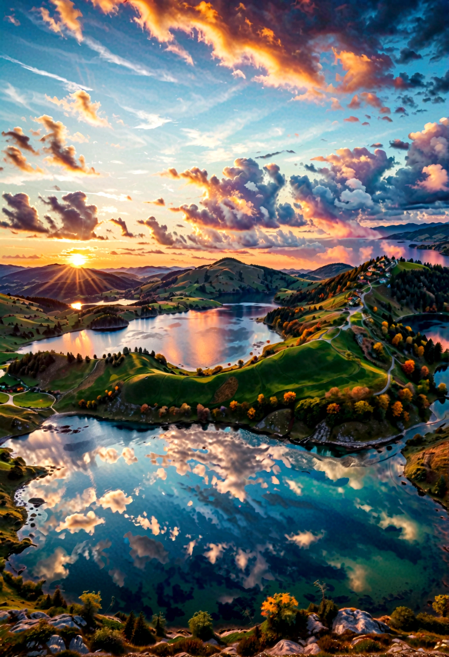 a beautiful detailed landscape, vibrant sunset sky, rolling hills, serene lake in foreground, incredible lighting, breathtaking scenery, dramatic clouds, stunning colors, idyllic atmosphere, picturesque nature, highly detailed, (best quality,4k,8k,highres,masterpiece:1.2),ultra-detailed,(realistic,photorealistic,photo-realistic:1.37),landscape,dramatic lighting,glowing sunset,vivid colors,cinematic composition