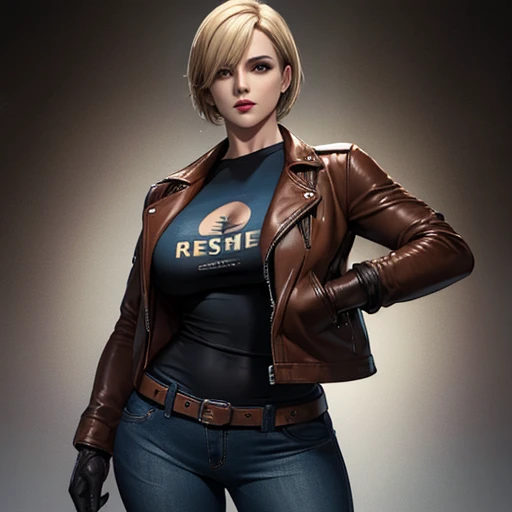 Schöne Detektivin, blond, kurze Haare, Pony, braune Augen, rote Lippen, fester Körper, perfekte Brüste, T-Shirt, braune Lederjacke, blaue Jeans, schwarze Lederhandschuhe im Pue-Stil, Resident Evil 4