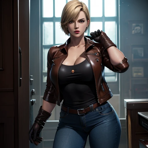 Hermosa detective mujer rubia con cabello corto y flequillo, ojos marrones, labios rojos, cuerpo firme, pechos perfectos, camiseta, chaqueta de cuero marrón, jeans azules, guantes de cuero negro, en estilo de dibujo de pue, residente evil 4