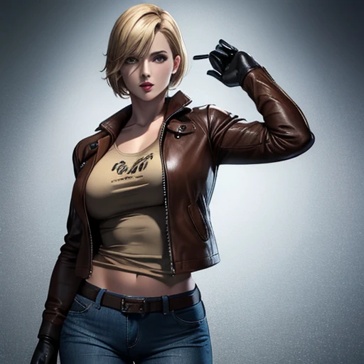 Beautiful detective woman blonde short hair bangs brown eyes red lips firm body perfect breasts t-shirt brown leather jacket blue jeans black leather gloves in pue drawn style resident evil 4