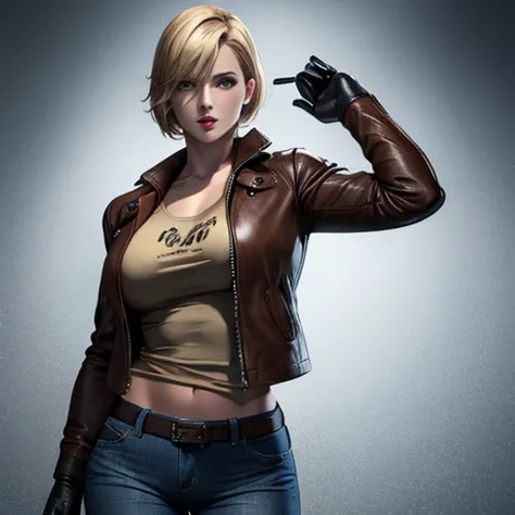 Beautiful detective woman blonde short hair bangs brown eyes red lips firm body perfect breasts t-shirt brown leather jacket blu...