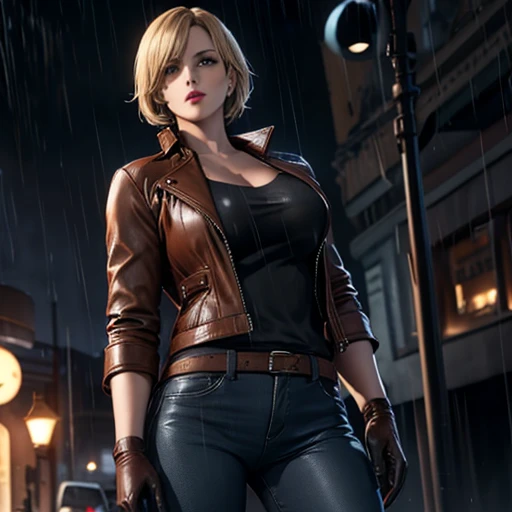 Beautiful detective woman blonde short hair bangs brown eyes red lips firm body perfect breasts t-shirt brown leather jacket blue jeans black leather gloves in the rain at night drawn style style resident evil 4