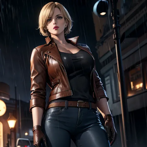 Beautiful detective woman blonde short hair bangs brown eyes red lips firm body perfect breasts t-shirt brown leather jacket blu...
