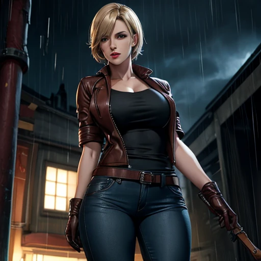 Beautiful detective woman blonde short hair bangs brown eyes red lips firm body perfect breasts t-shirt brown leather jacket blue jeans black leather gloves in the rain at night drawn style style resident evil 4