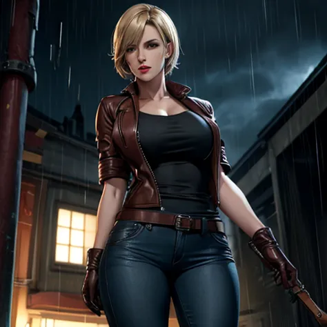 Beautiful detective woman blonde short hair bangs brown eyes red lips firm body perfect breasts t-shirt brown leather jacket blu...