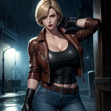 Beautiful detective woman blonde short hair bangs brown eyes red lips firm body perfect breasts t-shirt brown leather jacket blu...