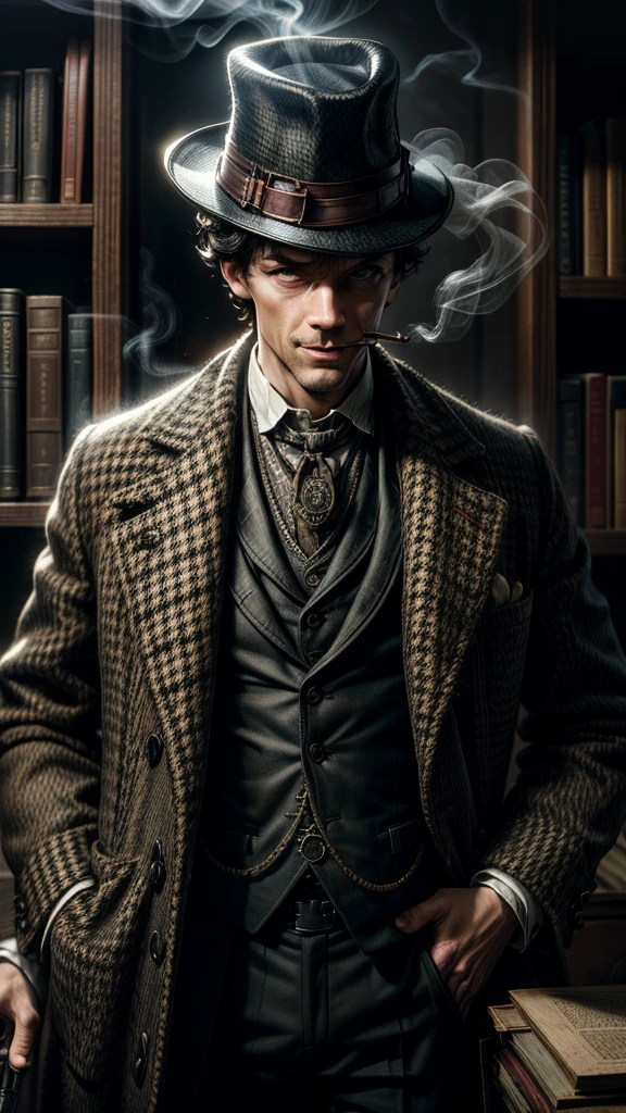 portrait, sherlock holmes,detective,brilliant mind,observant eyes,tweed coat,pipe,houndstooth hat,magnifying glass,mysterious smile,vintage style,Victorian era,old London street,bookshelf,stack of books,smoke,forensic science,crime-solving genius,solving puzzles,clues,smoking pipe,deerstalker hat,intricate details,shadowy figure,dark atmosphere