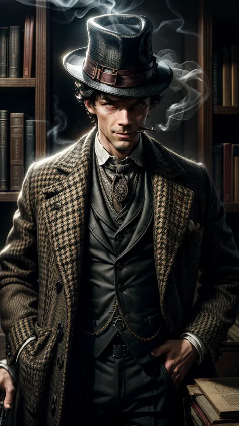 portrait, sherlock holmes,detective,brilliant mind,observant eyes,tweed coat,pipe,houndstooth hat,magnifying glass,mysterious sm...