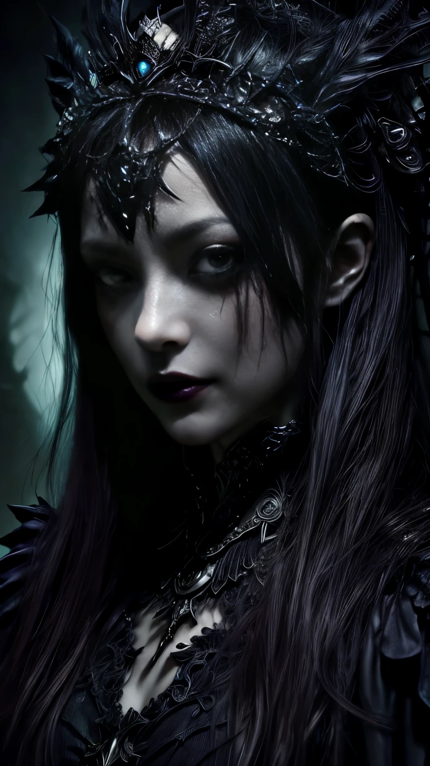 "A highly detailed and intense depiction of a terrifying female necromancer, Mid shot and dramatic capture shot in ultra detailed 8K wallpaper, Showing complex complexity".、Close-up of a woman with dark hair and a black dress, in style of Dark Fantasy Art, Dark fantasy art, A beautiful and elegant demon queen, Dark Fantasy Art, fantasy dark art, Dark fantasy digital art, gothic fantasy art, Gothic Dark Maiden, Dark Fantasy Portrait, Portrait of the Dark Goddess, Dark Fantasy Nymph Portrait