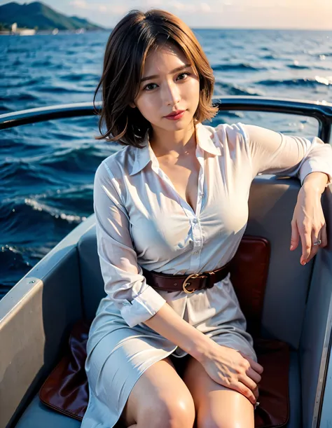 (Robe Dress:1.1) ,Brown beige color hair、Woman standing on a boat、Light brown hair、Elegant hairstyle、Blue Eyed Woman、A woman wit...
