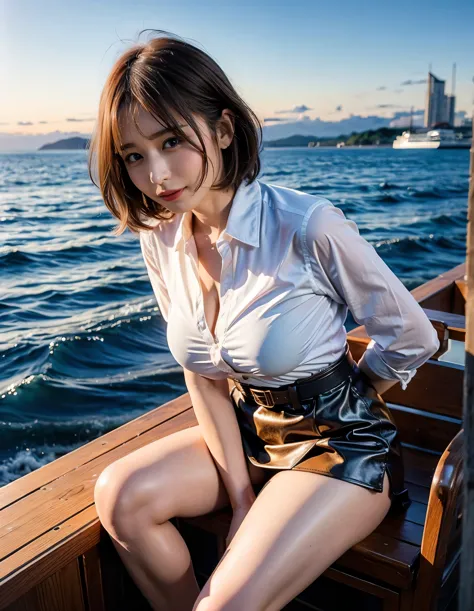 (Robe Dress:1.1) ,smile、Brown beige color hair、Woman standing on a boat、Light brown hair、Elegant hairstyle、Blue Eyed Woman、A wom...