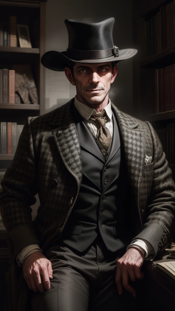 portrait, sherlock holmes,detective,brilliant mind,observant eyes,tweed coat,houndstooth hat,mysterious smile,vintage style,Victorian era,old London street,bookshelf,stack of books,smoke,forensic science,crime-solving genius,solving puzzles,clues,deerstalker hat,intricate details,shadowy figure,dark atmosphere