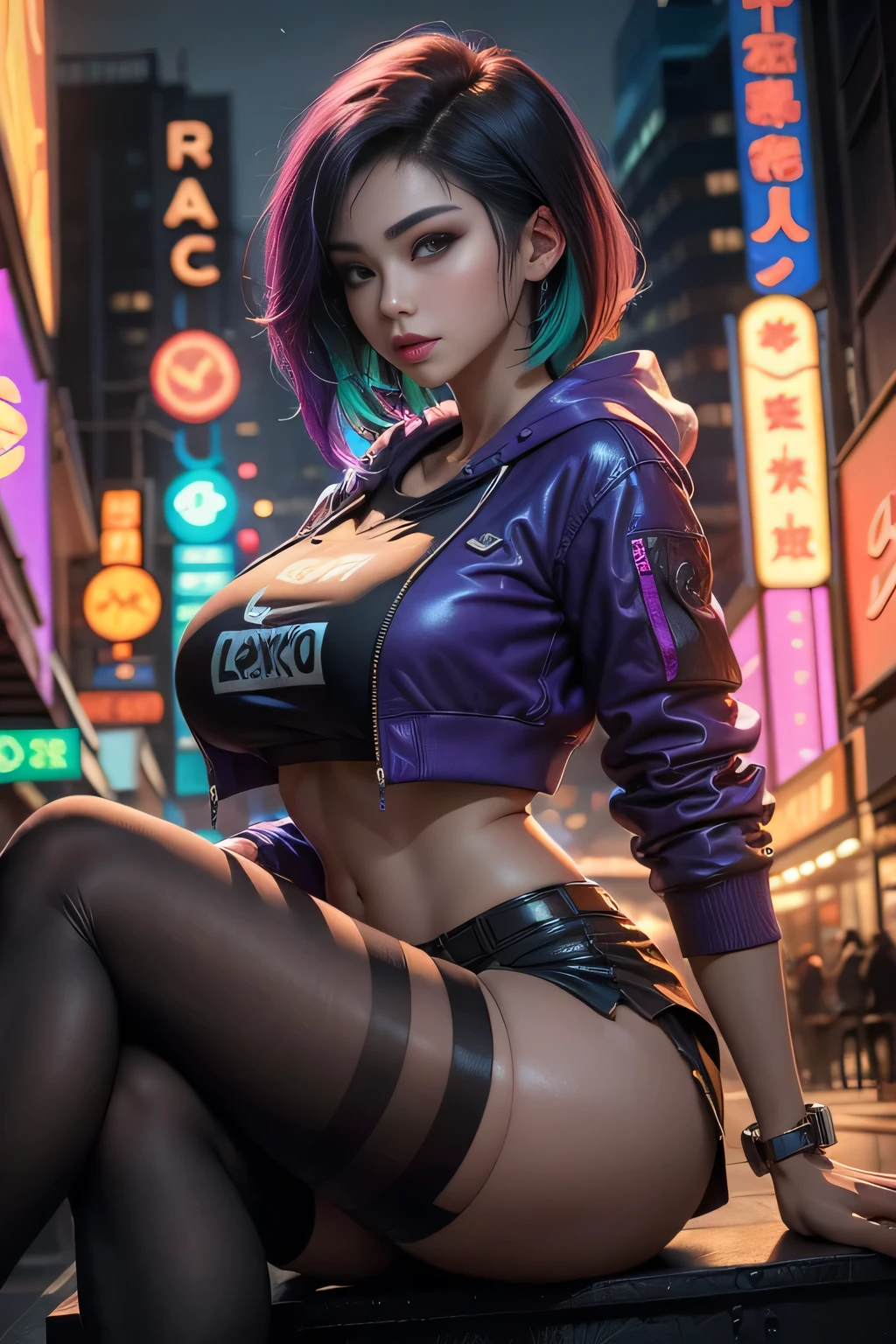 sfw,  (sitting legs open), (masterpiece), the best quality, (wide shot), expressive eyes, perfect face, a beautiful Dashing girl, fierce woman, cool girl, Dashing girl, (smirk), luxury, (black hair with purple tip, multicolored hair, colored inner hair, short hair), aqua eyes, ((black cropped hoodie jacket), short skirt, high tights, purple trim, Leather), high boot, hourglass body shape, curvy, tight thighs, professional, Extremely aesthetic, (immersive), (cool), stylish, fantasy mixed realistic art style, Extremely detailed realistic clothing, (Glow Paint, hight details Neon Sign, A neon sign designed in an anime style, glow Neon Sign, night city as background), She stood in front of the neon sign , detailed face, glossy lips, eyeshadow, lipstick,、 wearing bra,((skinny waist)), young asian girl, ((big breasted)),