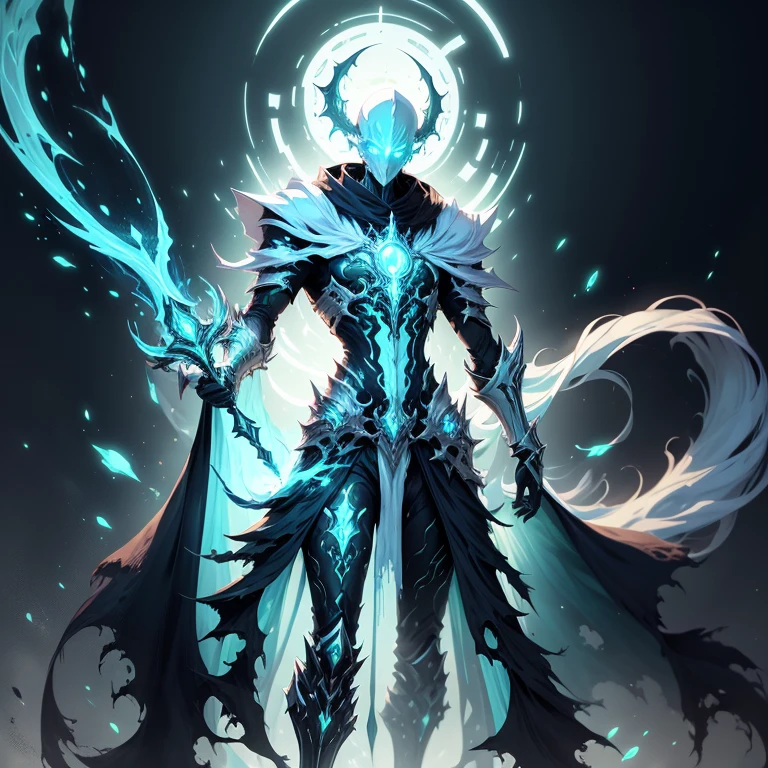 A pale man black hair tall and thin necromancer, wearing a white futuristic light armor with green magic ornaments, specter invoker, specter magic, spirit magic, undead reborn, magic surrounding