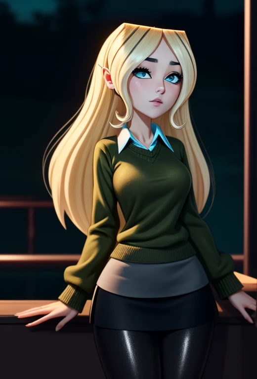 1girl, solo, (half-body-shot (cowboy shot):1.3), Dawn_Total_Drama, blonde hair, intricate, absurdres, highest-quality, extremely-detailed, masterpiece, 8k UHD, 4k HDR, RAW photograph, film-grain, (green sweater, (steel grey skirt, short skirt), black shiny tights, cyan blouse), 
